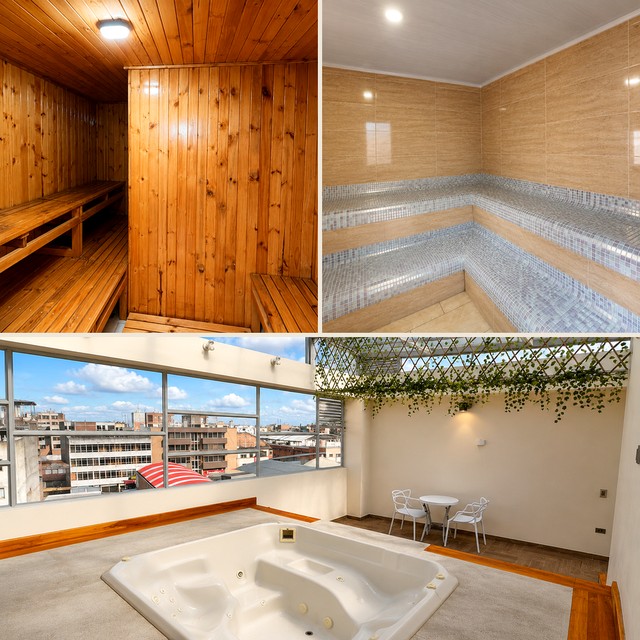 Zona húmeda del Hotel Harmony Ipiales: sauna, baño turco y jacuzzi con vista
